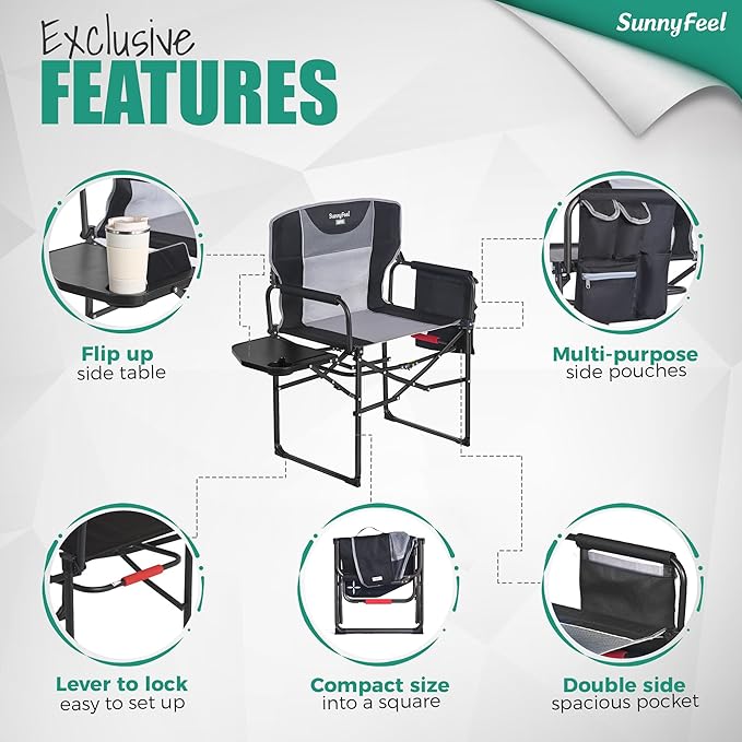 SUNNYFEEL Oversized Camping Directors Chair 500 LBS Heavy Duty Portable Folding Chair with Side Table Pocket for Beach FishingTripPicnicLawnConcert Outdoor Foldable Camp Chairs