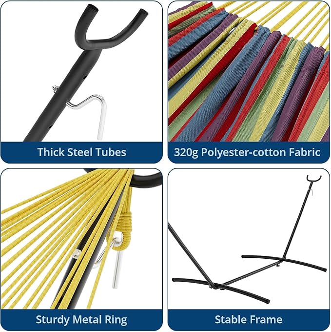 Double Hammock with Space Saving Steel Stand Included-2 Person Camping Hammock with Carry Bag Outdoor Portable Hammocks 450lb Capacity Standing Hammocks for Garden Yard(Yellow Rainbow)