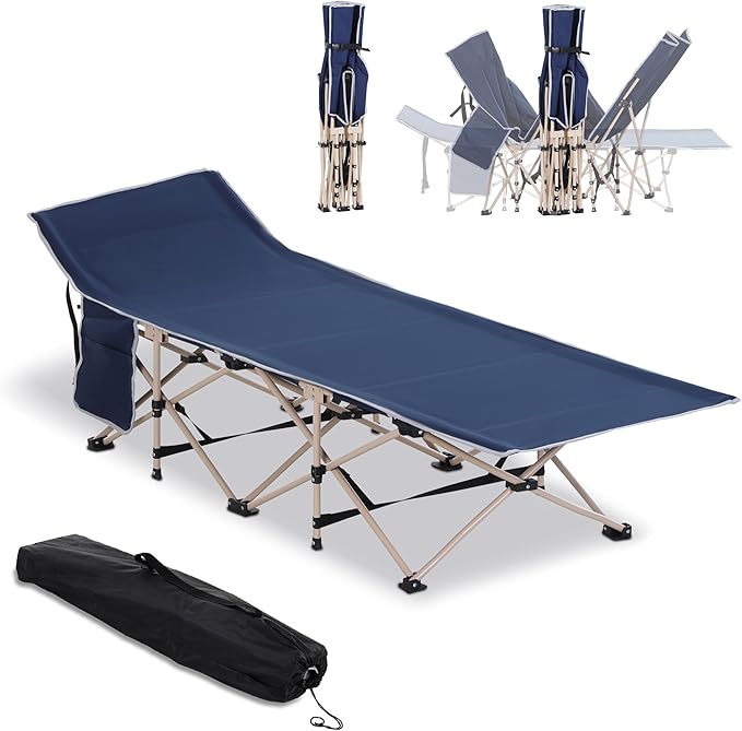 Outsunny Folding Camping Cot for Adults with Carry Bag Side Pocket Outdoor Portable Sleeping Bed for Travel Camp Vacation 330 lbs. Capacity Blue