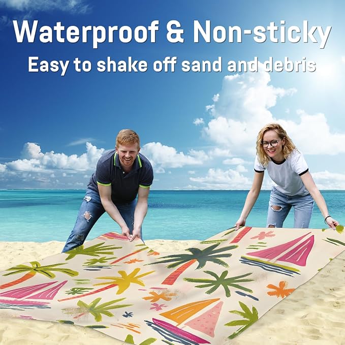 Waterproof Sandproof Beach Blanket 59''×68'' Landscape Sea Polyester Outdoor Picnic Blanket with 4 Stakes &amp Storage Bag for BeachCampingVacation Beige