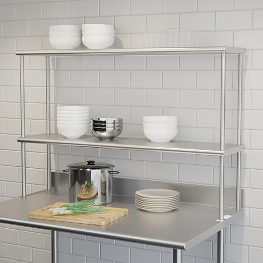 Flash Furniture Reese Commercial Metal Double Kitchen Overshelf Two-Tier Adjustable Shelf 430 Stainless Steel 18 Gauge NSF Certified 48 x 12