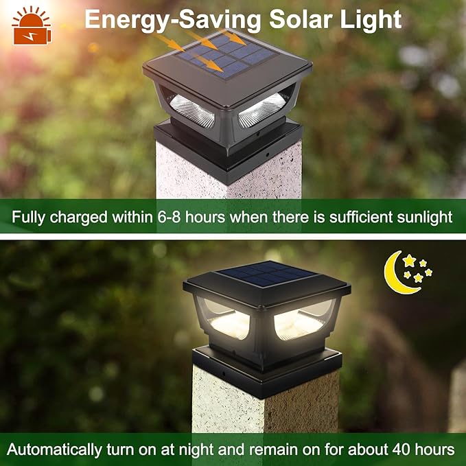 Sumaote Solar Post Cap Lights 120 Lumen 3000K Warm White LED for 3x3 Metal/Vinyl &amp 4x4 Wood Posts IP65 Waterproof Outdoor Garden Fence Deck Lighting Dusk-to-Dawn Auto On/Off (6 Pack)