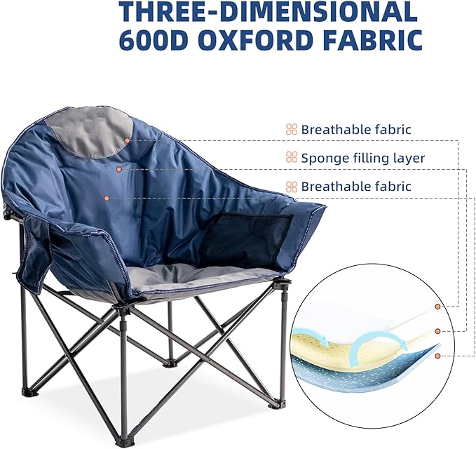 Oversized Camping Chair with Cup Holder &amp Carry Bag - 500lbs Heavy Duty Moon Saucer Chair for Outdoor Lawn Sports Patio - Padded Folding Sofa Chair Light Blue &amp Gray