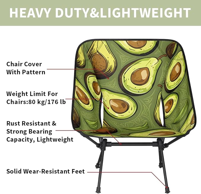 Honeybaby Folding Camping Chair Yummy Avocado Camping Chairs Lightweight Portable Chair Outdoor Foldable Chairs for Camping Travel Picnic Beach Hiking