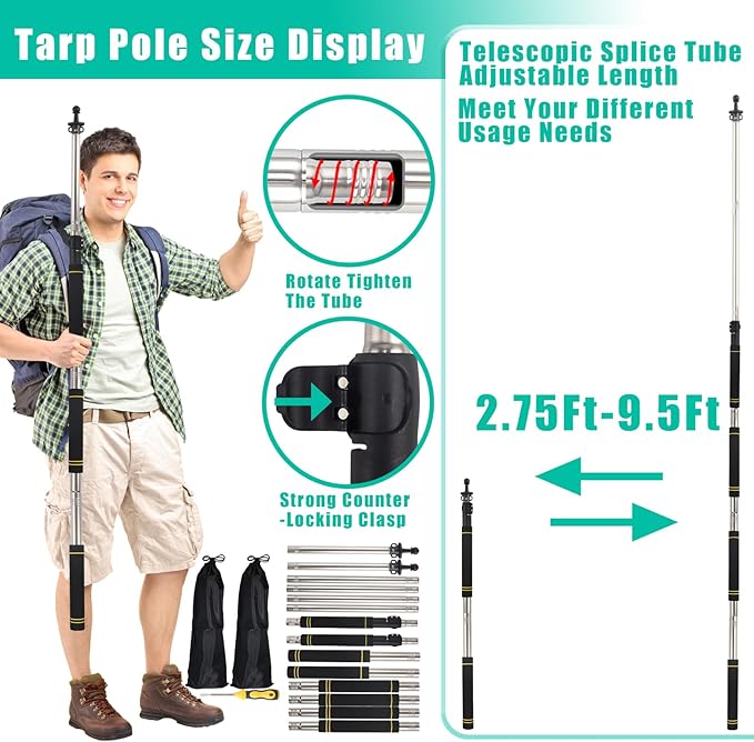 Tarp PolesTent Poles Set of 2 2ft to 9.5ft Replacement Canopy Poles Heavy Duty Telescoping Tent Poles for Tarp Outdoor Camping Awning Poles Adjustable Sturdy Durable Shade Cloth Poles