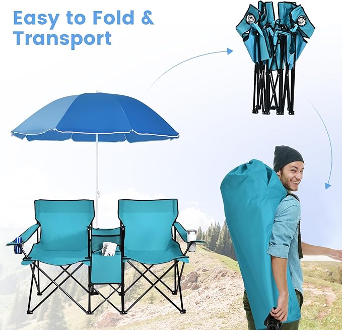 Tangkula Double Camping Chairs with Umbrella Portable 2 Seat Folding Camp Chair with Cooler Bag Beverage Holder Carrying Bag Foldable Lawn Chair for Outside Fishing Picnic Beach