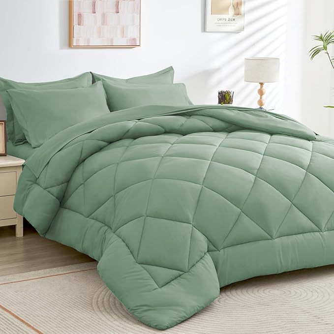 HEVUMYI Light Green Full Comforter Set - 7-Piece All Season Bed in a Bag Full Ultra Soft Bedding Set with Comforter Flat Sheet Fitted Sheet Pillowcases Pillow Shams