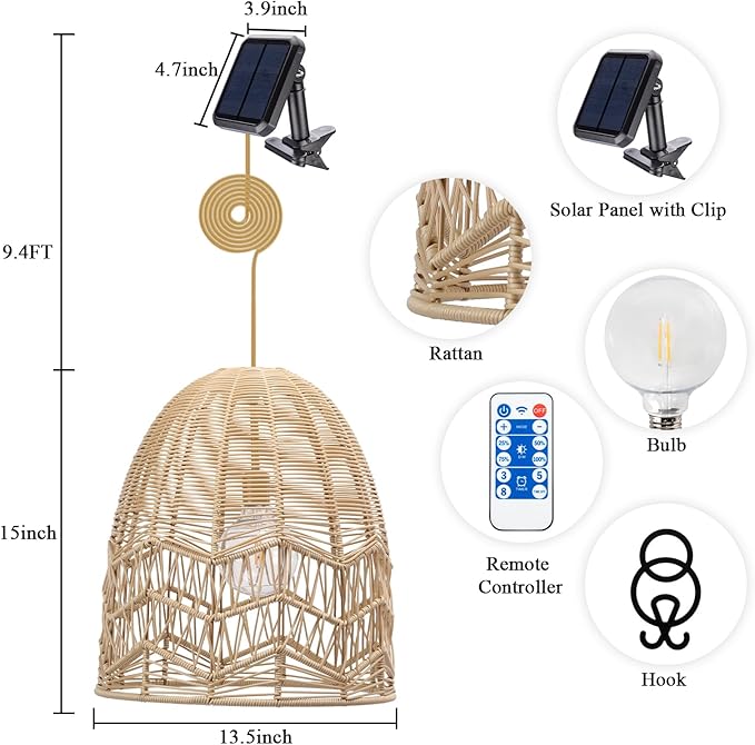 Ranttan Outdoor Chandelier 15 Outdoor Pendant Lights Rattan Solar Hanging Lights Large Rattan Ceiling Light with Remote 4 Modes Lighting Waterproof Lighted for Garden Porch Patio Kitchen Nature