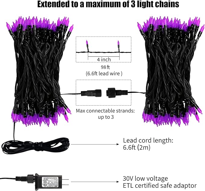 Minetom Halloween String Lights Outdoor 98 Feet 300 Led Christmas Lights with 8 Lighting Modes for Halloween Party Christmas Xmas Tree Lights Decor(Purple)