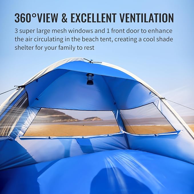EchoSmile UPF 50+ Beach Tent Sun Shelter for 3/4 Person Portable Beach Cabana Tent