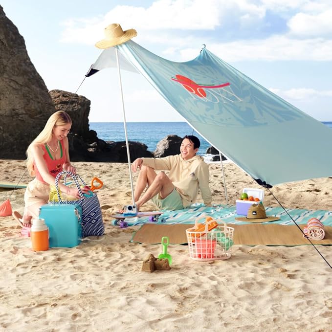 Roxy Portable Beach Shelter – UPF 50+ Sun Protection Tent with Sandbag Anchors &amp Ventilation Lightweight &amp Waterproof for Beach Camping or Outdoor Use – Fits 4-6 People