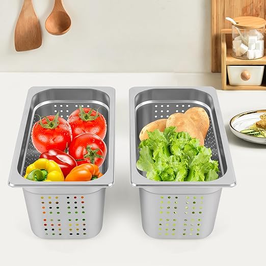 2-Pack 1/3 Size 6 Deep Anti-Jam Perforated Stainless Steel Steam Table Pan Hotel Pan