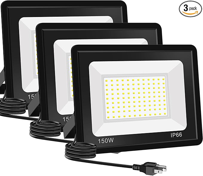 3 Pack 150W LED Flood Light 19500LM High Brightness Security Lighting IP66 Waterproof Outdoor Flood Lights with Plug 5000K Daylight White Floodlight for Yard Workshop Driveway