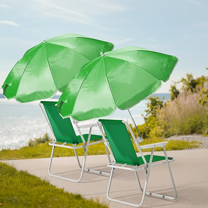 Folding Beach Chair with Umbrella Portable Heavy Duty Camping Chair for Adults Lightweight High Back Chair with Detachable Sun Shade Supports 265lbs for Beach Park Travel Outdoor (Green)