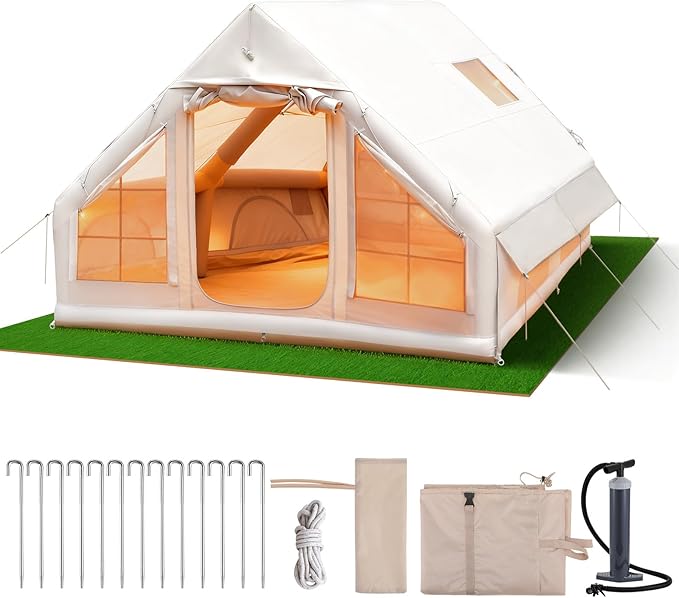 Inflatable Tent 13x10ft Large 8 Person Family Size Glamping Tent with Pump - Waterproof Oxford Camping Tent with Mesh Windows for Park Forest Outdoor (Bag Windbreak Rope Stakes Pump Included)
