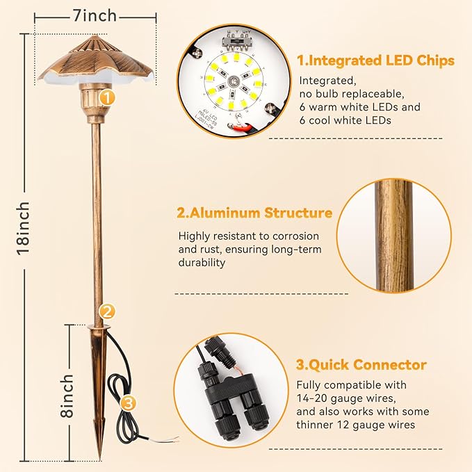 LED Low Voltage Landscape Lighting 12V Landscape Lighting Kit with Connectors 3CCT 3000K-5000K 18“ Tall LED Low Voltage Pathway Lights Aluminum Waterproof for Patio Yard Garden 2 Pack