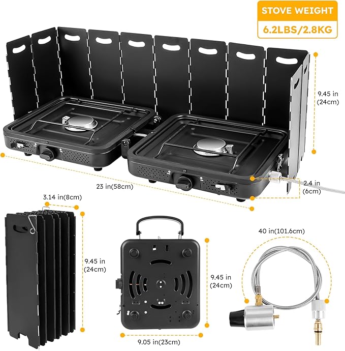 2 Burner Propane Camping Stove 17200 BTU Adjustable Burners Foldable Propane Camp Stove with Grill &amp Windscreen Double Burner Portable Folding Gas Stove with Carry Bag for Outdoor Camping BBQ