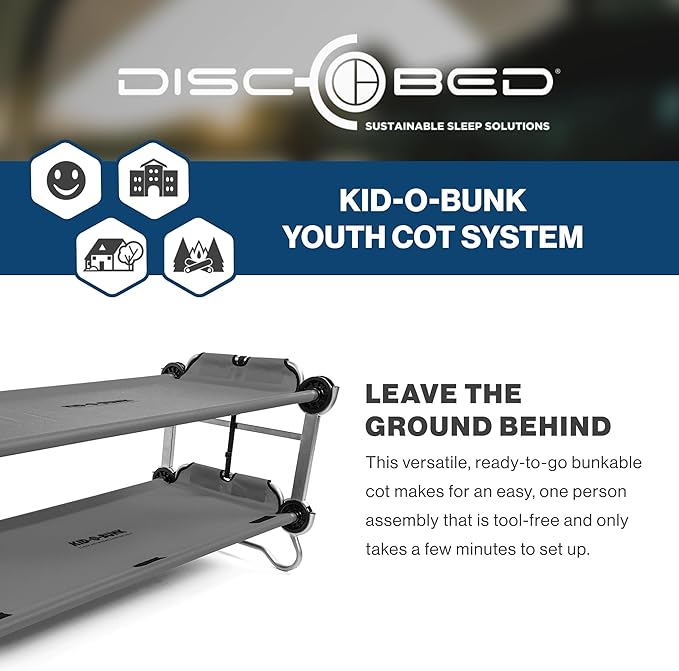 Disc-O-Bed Youth Double Cot Kid-O-Bunk Modular for Bunk Beds Dual Cots or Bench with 2 Carry Bags for Portable Transport
