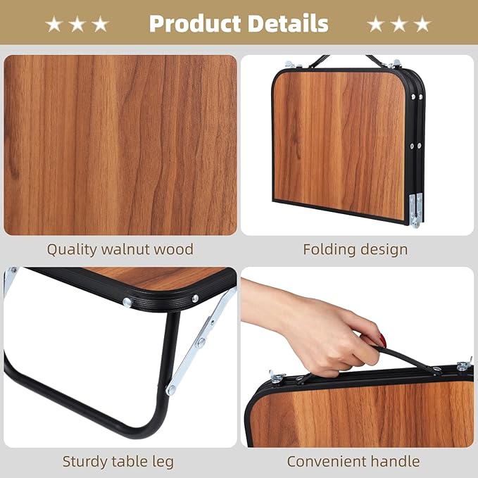 Mini Camping Table Compact Walnut Wood Folding Side Low Table for Camp Foldable Lightweight and Portable Table for Picnic Travel Beach