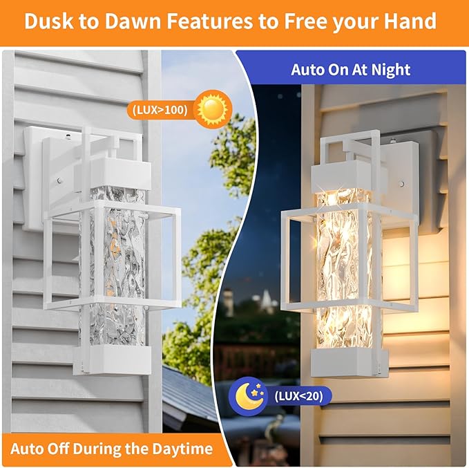 Hotsonic 2 Pack White Dusk to Dawn Outdoor Porch Light Fixtures Wall Mount 14'' Dimmable Exterior Lighting for Outside Waterproof Wall Lantern Lamps Sconce Coach Lights for House Garage