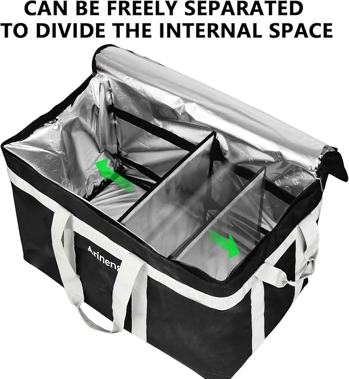 Food Delivery Insulated Bag Insulated Cold Meal Bag Built-in Base Plate For Hot and Cold Food Takeout Commercial Catering Transportation - 23 * 14 * 15 inches (Partitioned Black)