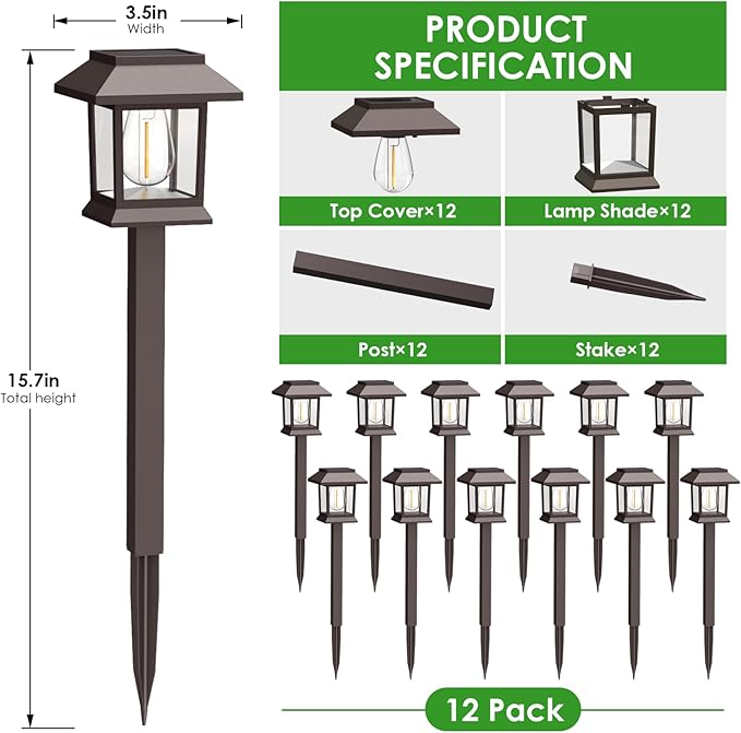Solar Outdoor Lights 12 Pack Solar Pathway Lights Waterproof Landscape Lighting for Path Walkway Lawn Garden Yard Outside Décor Brown