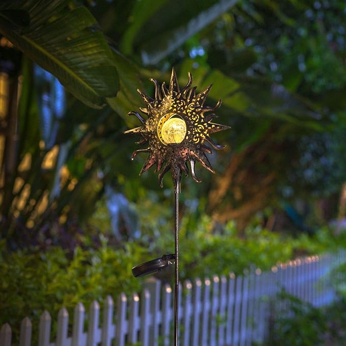 HOMEIMPRO Large Sun Solar Garden Decor Lights Outdoor Garden Gifts Mom Dad Crackle Glass Metal Stake Backyard Decor Waterproof LED Lights for Lawn Patio Ornaments Mothers Day Gifts for Women