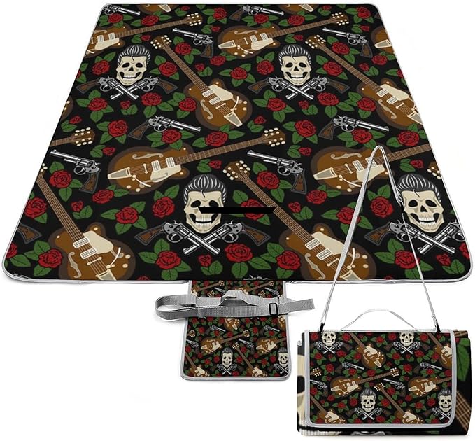 Vintage Halloween Black Victorian Gothic Skull Damask Waterproof Outdoor Picnic Blanket Sandproof Beach Mat for Camping Hiking Grass Travelling