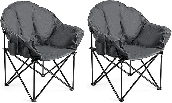 S AFSTAR 2 Packs Oversized Camping Chair Cushion Padded Moon Round Saucer Chair w/Cup Holder &amp Carry Bag Portable Camp Chair Outdoor Folding Chair for Patio Beach Picnic (Grey)