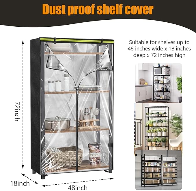 Storage Shelf Cover（48Wx 18D x 72H inches） 600D Heavy Duty Dustproof Storage Wire Shelf Covers for Pantry Waterproof Shelf Covers for Wire ShelvingStorage Rack Cover with Zipper(Black)
