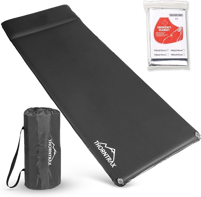 Throntrax Camping Sleeping Pad - Ultralight Camping Mat with Pillow Built-in - 3.1 Thick | Self-Inflating &amp Suitable for All Seasons - Compact Sleeping Pad for Camping - Grey