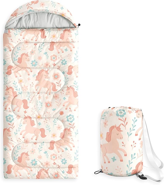 Wake In Cloud - Kids Sleeping Bag for Girls Toddlers Camping in Warm Cold Weather Backpacking Lightweight Compact Outdoor Liner for 3 Seasons Unicorn Garden Flowers
