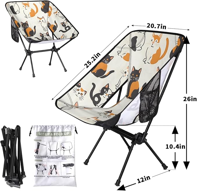 Honeybaby Folding Camping Chair Cat Pattern Camping Chairs Lightweight Portable Chair Outdoor Foldable Chairs for Camping Travel Picnic Beach Hiking