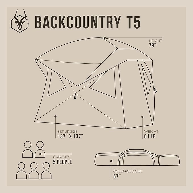 Gazelle Tents™ Backcountry T5 All-Season Hub Tent – Quick 90-Second Setup Heavy-Duty 300D Ripstop Fabric HVAC Port 4-Season Shelter for Overlanding Camping and Basecamp Adventures GBC50WN