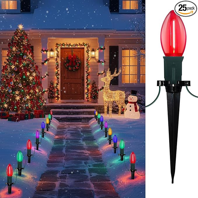 C9 Christmas Pathway Lights Outdoor 38 Ft 25 LED Multicolor C9 Christmas Lights Connectable Outdoor Waterproof Walkway Markers Light for Driveway Yard Garden Lawn Xmas Decorations