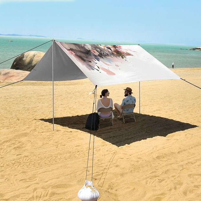 ALAZA Cat Kitten Rose Flowers Beach Tent Sun Shelter UPF50+ Protection Beach Shade Canopy w/ 4 Sandbags for Outdoor Camping Fishing Backyard Fun Picnic 10x9 ft