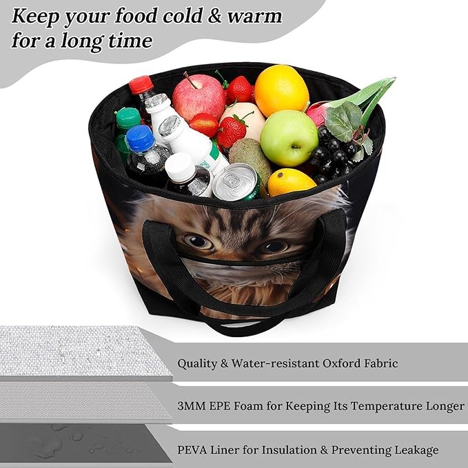 Insulated Shopping BagLarge Reusable Cooler Bags Cat Hanging Christmas Lights Printed Foldable Shopping BagTravel Waterproof Shoulder Bag