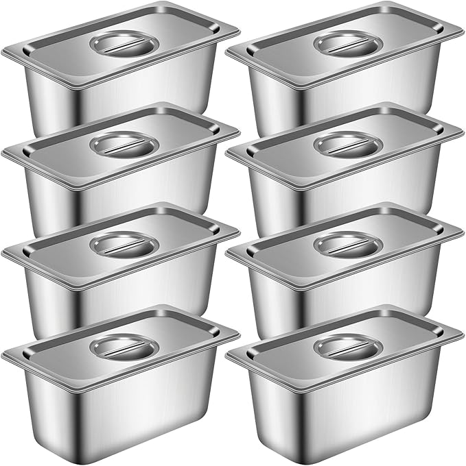 8 Pack 1/3 Size Hotel Pans with Lids 6 Inch Deep 1.2mm Thick Commercial Stainless Steel Chafing Steam Table Pan Catering Storage Metal Food Pan
