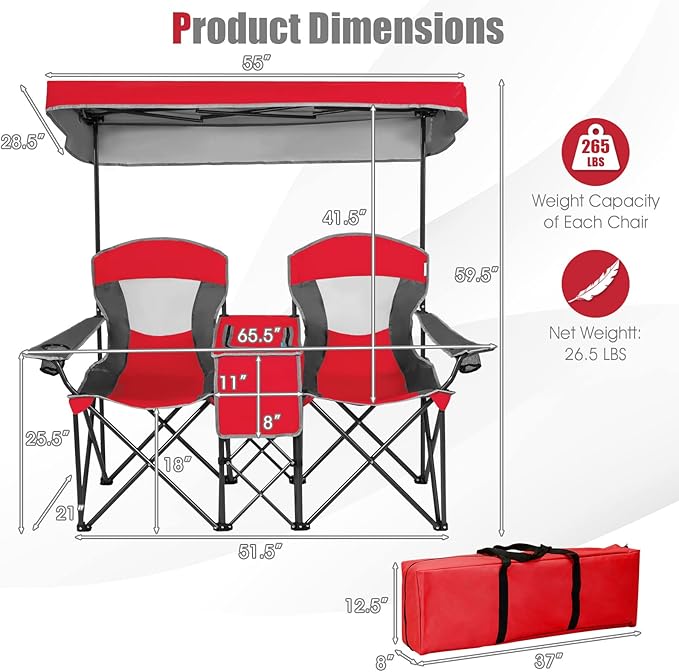 Tangkula Loveseat Camping Chair with Adjustable Shade Canopy Portable Beach Chair with Cooler Bag 2 Cup Holders Carrying Bag Foldable Double Lawn Chair for Travel Fishing Picnic (Red)