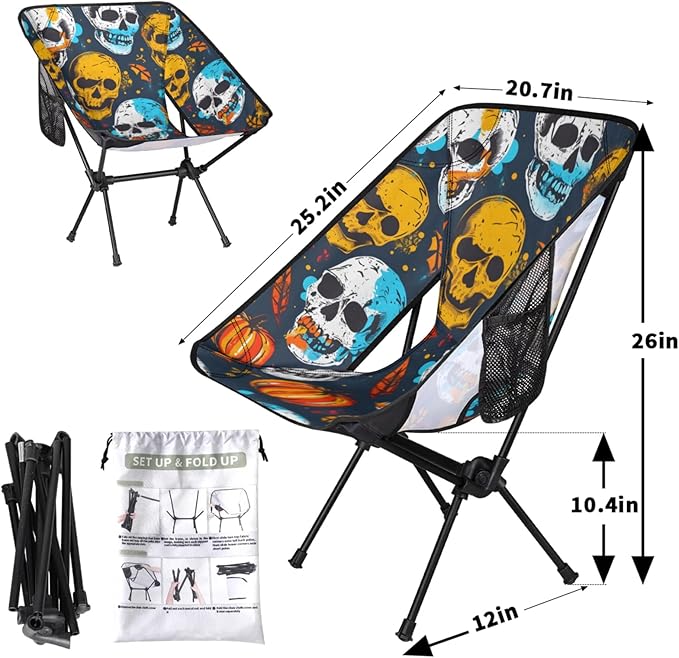 Honeybaby Folding Camping Chair Skulls Print Camping Chairs Lightweight Portable Chair Outdoor Foldable Chairs for Camping Travel Picnic Beach Hiking