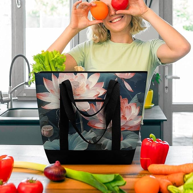 Insulated Shopping BagLarge Reusable Cooler Bags Dragonfly And Lotus Printed Foldable Shopping BagTravel Waterproof Shoulder Bag