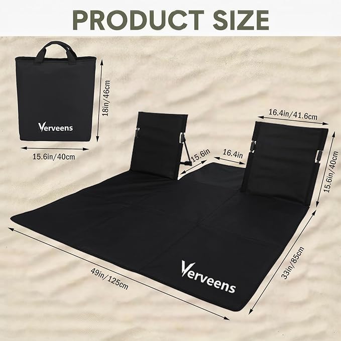 2-Person Portable Beach Lounge Chair with Carry Bag - Lightweight Outdoor Picnic Mat with Back Support for Beach Picnic Concerts Camping &amp Park (Black)