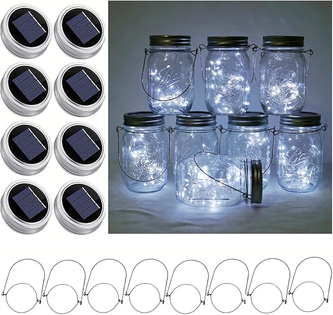 30LED Solar Mason Jar Lights 8 Pack Jar Lid String Lights (No Jars) Waterproof Fairy Firefly Light for Garden Patio Outdoor Yard Lawn Decor(Cool White)