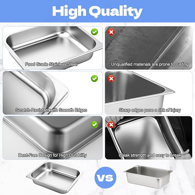 4 Pack Hotel Pans 1/2 Size 2.5 Inch Deep Stainless Steel Steam Table Pan Half Size Catering Food Pans Catering Food Storage Metal Pan for Home Party Hotel Buffet Restaurant