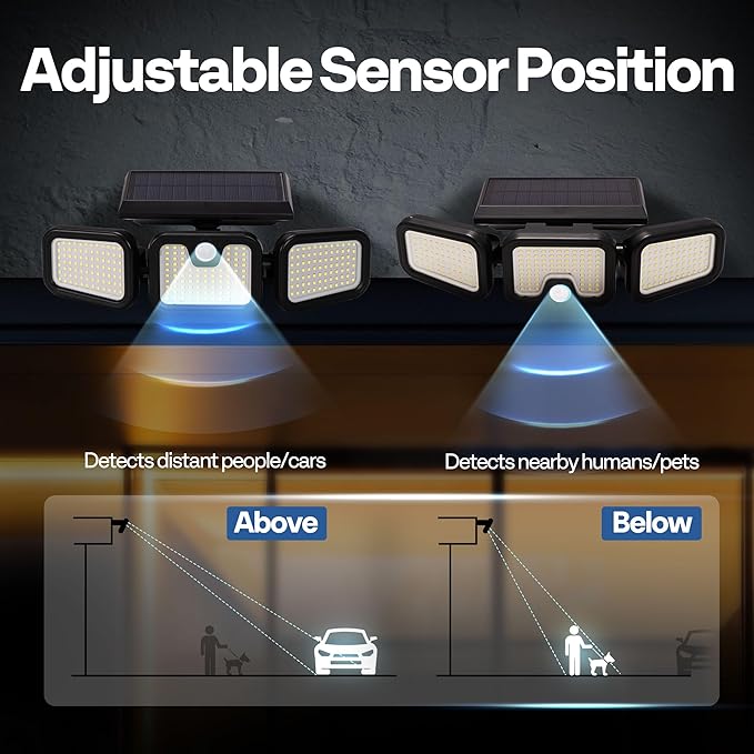 VIVOHOME Solar Flood Lights Outdoor 256 LED 2500LM Motion Sensor Lights 3 Adjustable Heads Security Lights IP65 Waterproof 270° Wide Lighting Angle Solar Powered Lights for Porch Yard 3 Pack