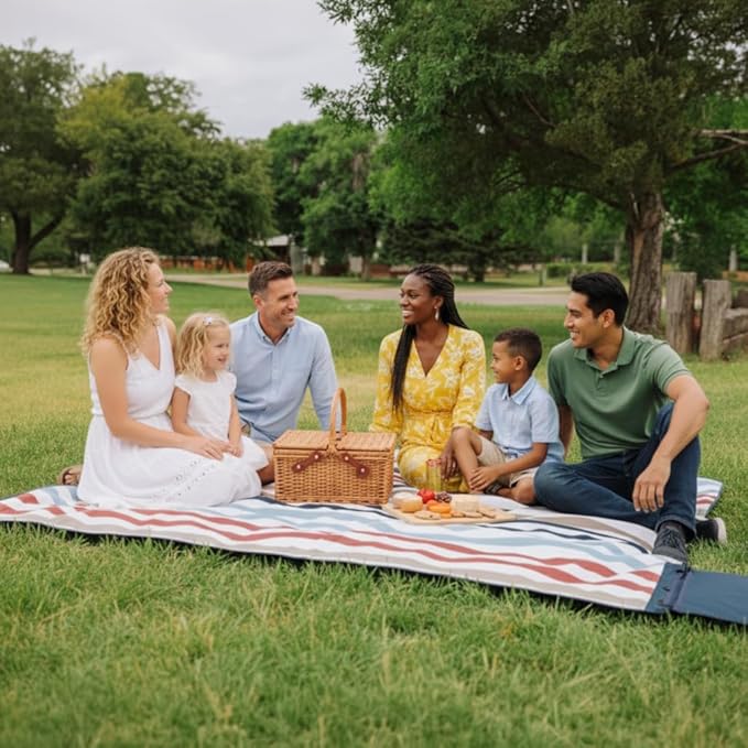 Picnic TIME Blanket Tote XL Outdoor Picnic Blanket 70x80 Foldable Beach Mat with Soft Fleece Top Water-Resistant Backing Carry Strap &amp Pocket Portable Blanket for 4-5 People (Coastal Stripe)