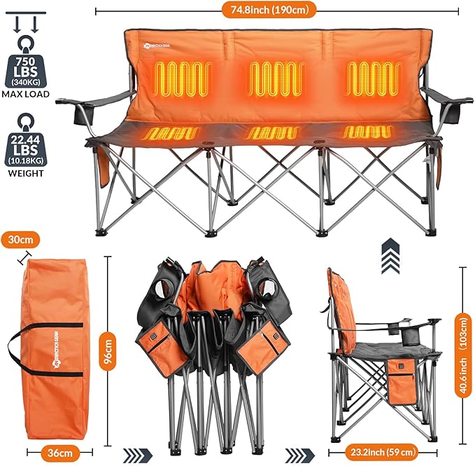 ANTARCTICA GEAR Heated Double Camping Chair with 12V 15000mAh Battery Pack - Heavy-Duty XL Folding Bench for Outdoor Campsites Tailgating - Portable Heated Seating with Adjustable Warmth