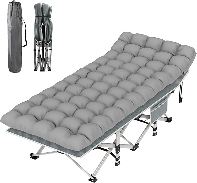 Suteck Camping Cot Folding Camping Cot Bed for Adults Sleeping 1200D Double Layer Oxford Portable Folding Outdoor Cots for Camping W/Soft Pad Carry Bag for Home Office Nap Beach Travel 500LBSGrey