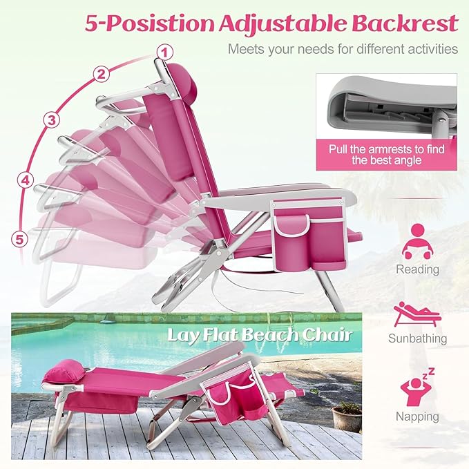 COSTWAY Backpack Beach Chair Foldable Camping Chair with 5 Adjustable Position Cup Holder Storage Pockets Straps Towel Rack Pillow for Patio Outdoor (Pink2)
