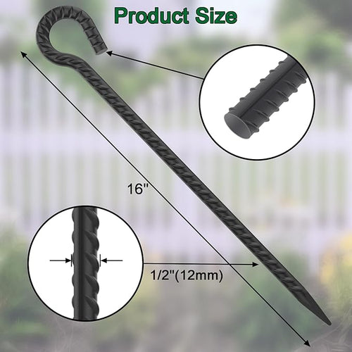 16 Inch Rebar Ground Stakes with Loop 1/2 inch Diameter Steel Tent Stakes (12 pcs) Heavy Duty Tree Stakes and Supports Dog Tie Out Stakes Metal Spikes for Outdoor Camping and Yard Black